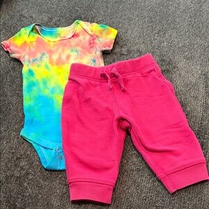 Primary Hot Pink Sweatpants with Gerber Rainbow Tie-Dye Bodysuit